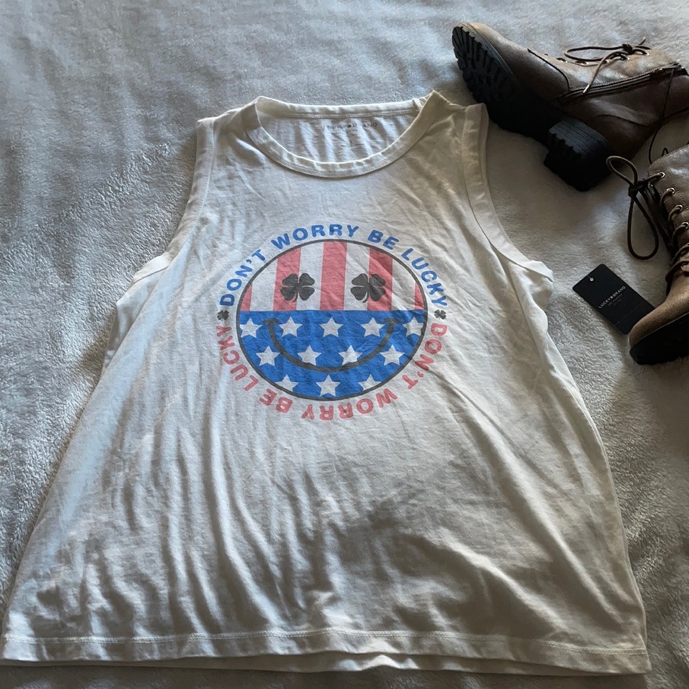 Lucky Brand “Don’t worry, be lucky” white tank